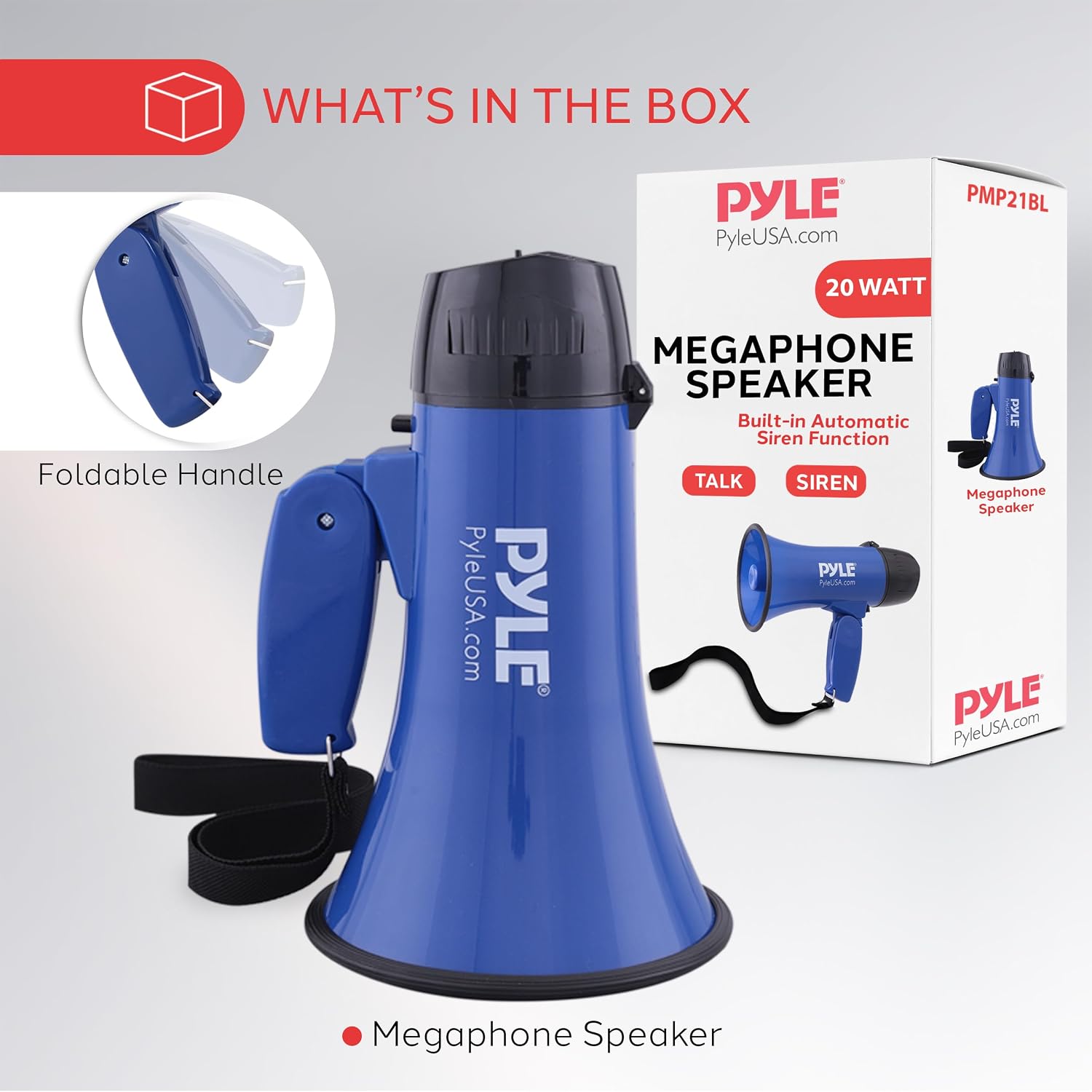 PMP21BL Portable Megaphone Speaker Siren Bullhorn - Compact and Battery Operated with 20 Watt Power, Microphone, 2