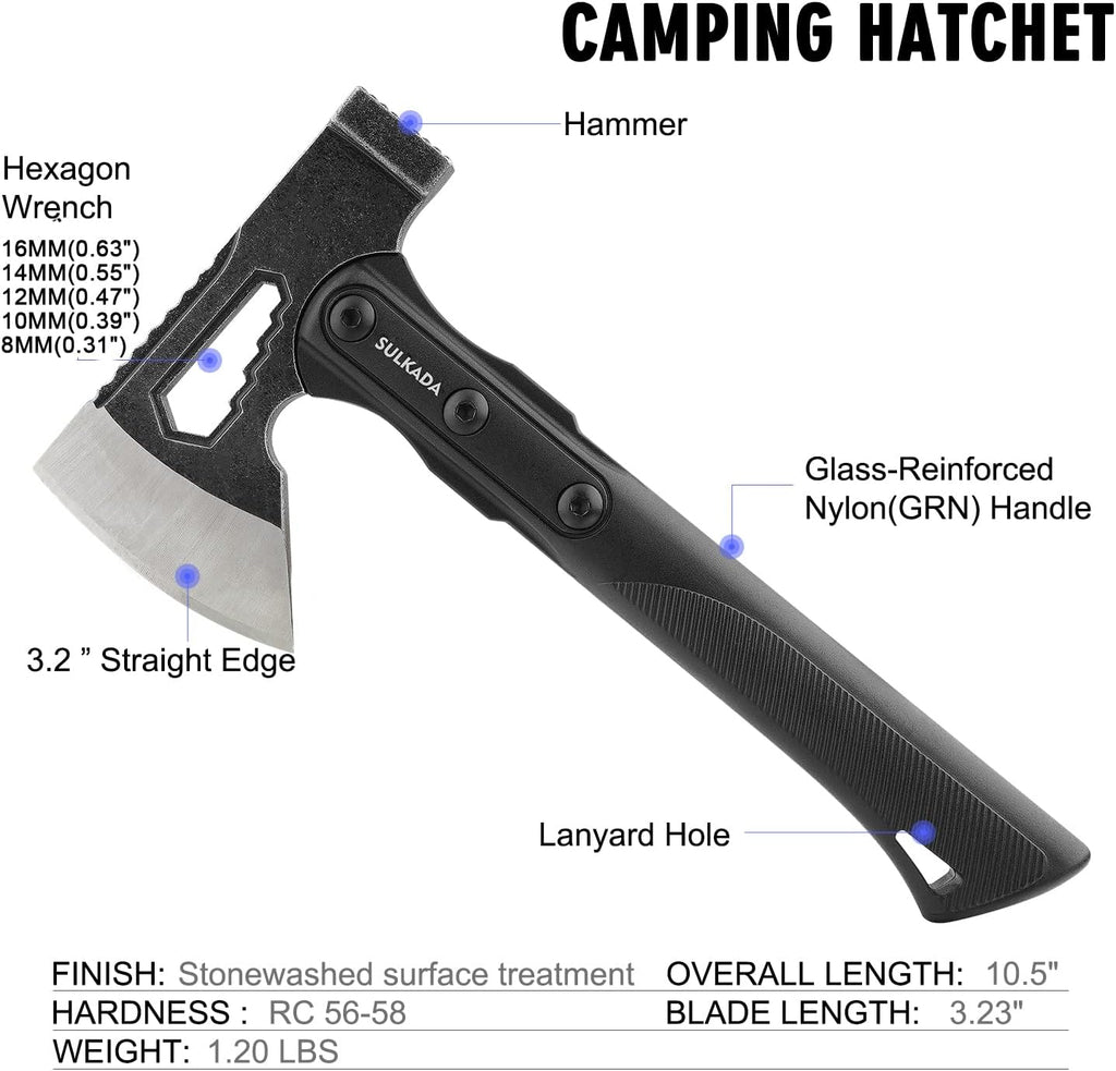 Camping Hatchet, 10.5 Inch Survival Axe,Stainless-Steel Blade,Fiberglass Shock Reduction Handle with Anti-Slip Grip
