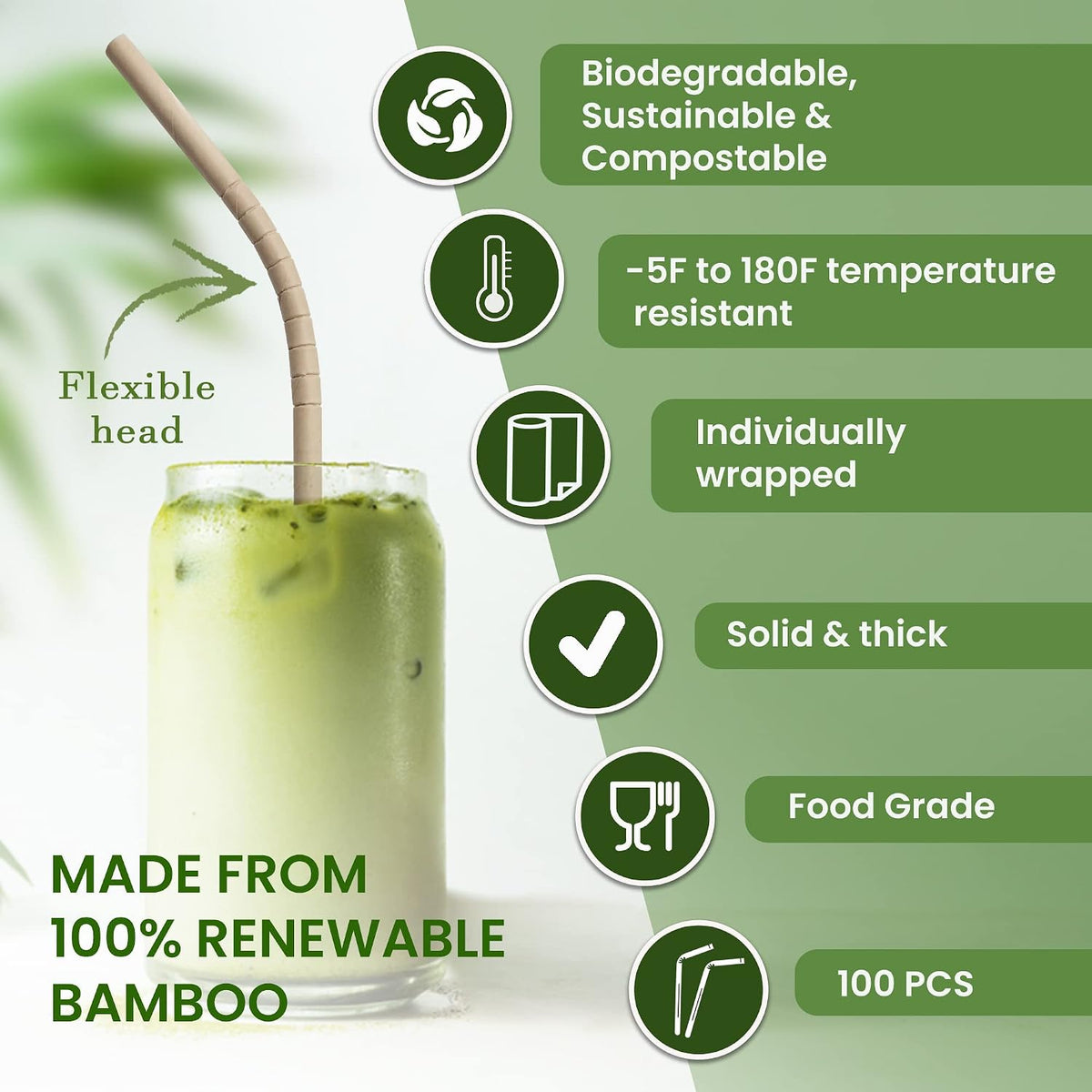 Bamboo Paper Straws, Individually Wrapped, Bendable, PFAS-Free, 100 Counts