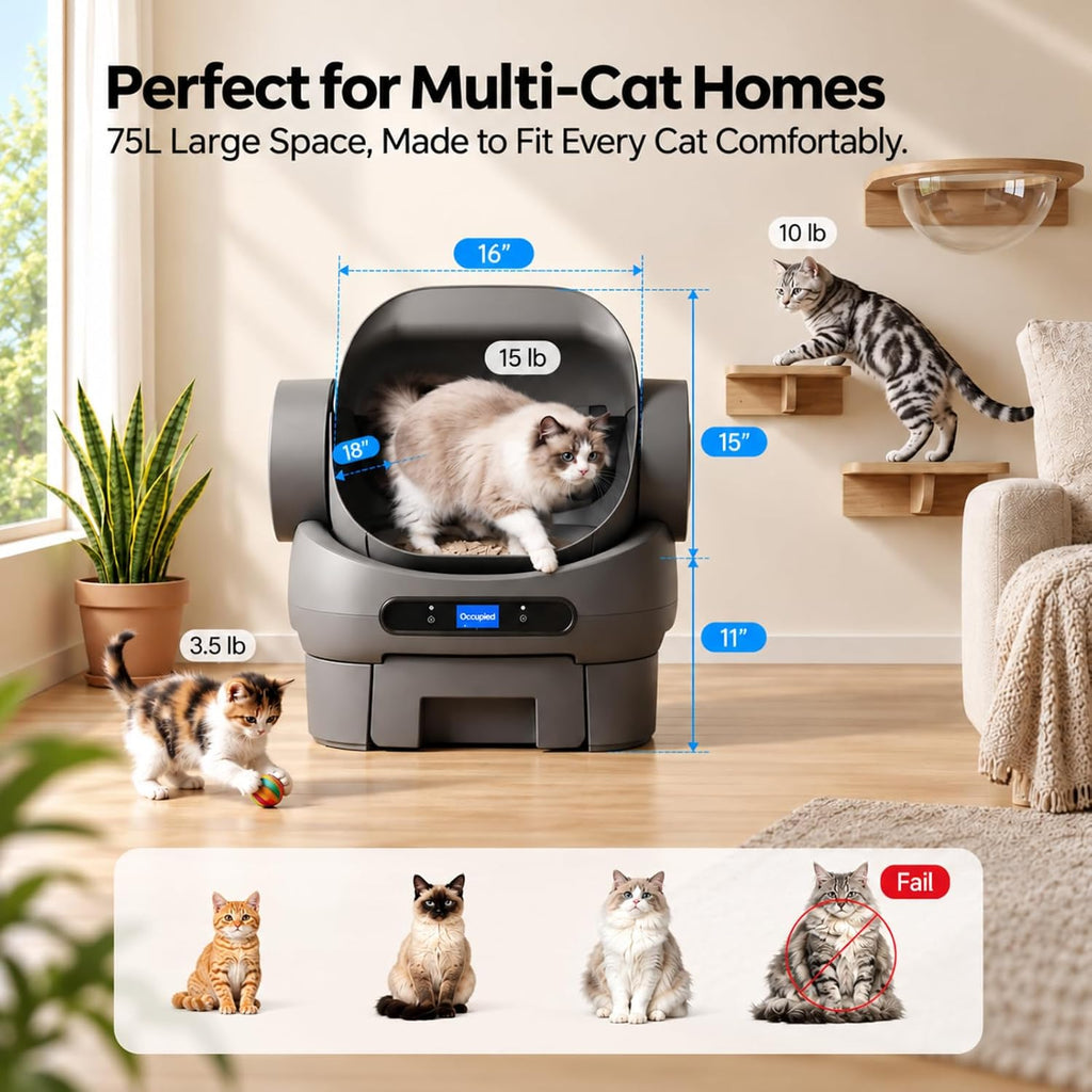 Open-Top Automatic Cat Litter Box, Self Cleaning Litter Box for Multiple Cats, 10 Safety Sensors, Large Capacity with