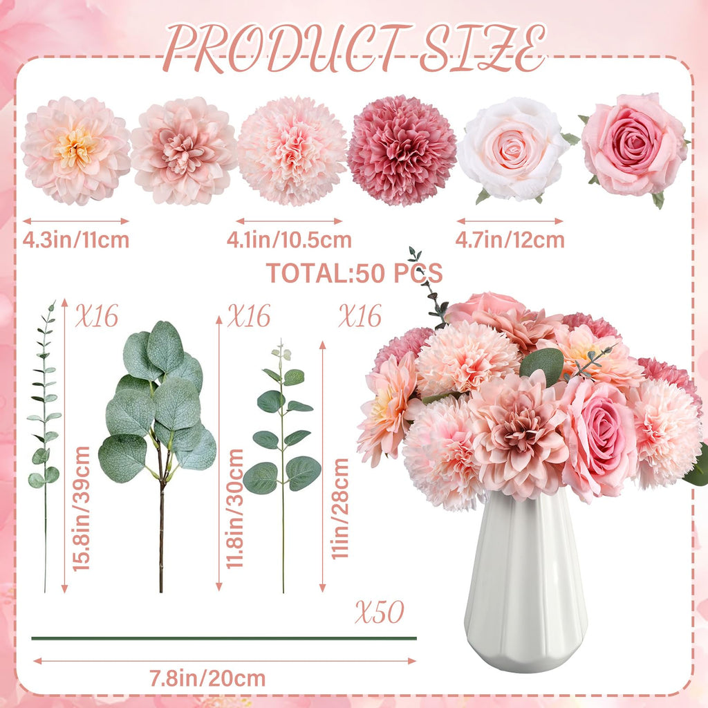 98pcs Artificial Flowers with Stems, Pink Color