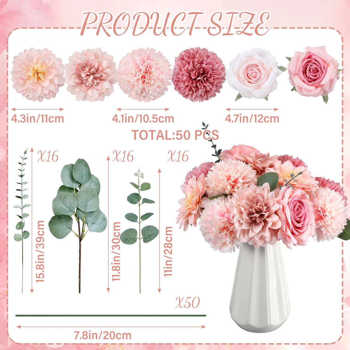 98pcs Artificial Flowers with Stems, Pink Color