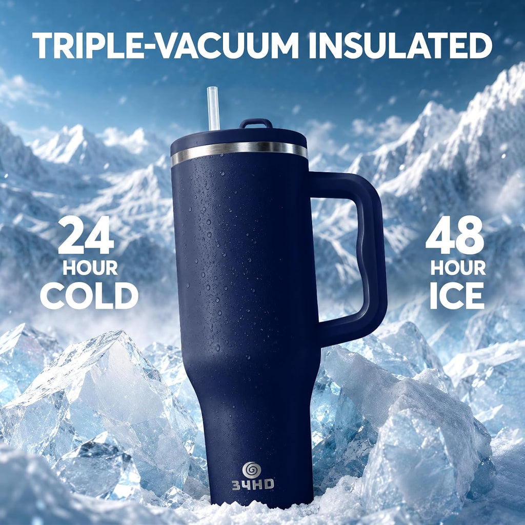 Navy 40oz Insulated Tumbler with Handle and Reusable Hidden Straw | Triple-wall Vacuum Insulated Stainless Steel for