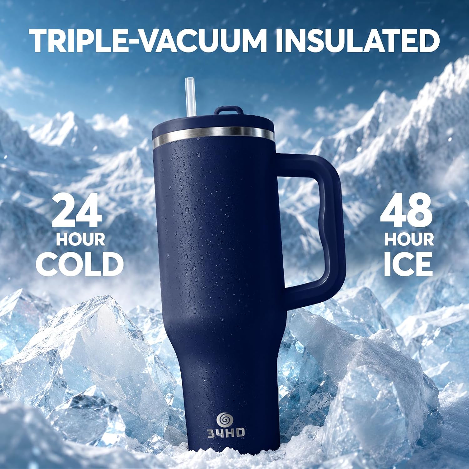Navy 40oz Insulated Tumbler with Handle and Reusable Hidden Straw | Triple-wall Vacuum Insulated Stainless Steel for