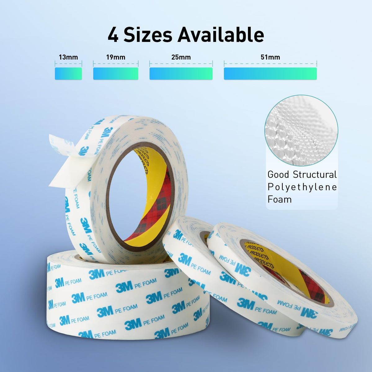 3M Double Sided Tape, 1/2" x 18Ft Foam Tape, 1600T, White