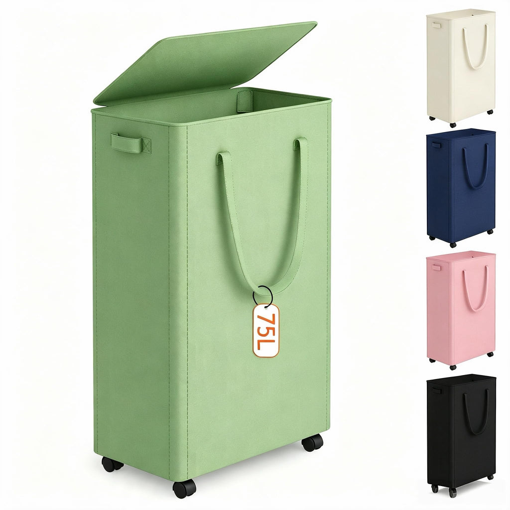 Slim Laundry Hamper with Wheels,20 Gal (75L) Rolling Laundry Basket with lid and wheels Clothes Hamper Foldable Tall