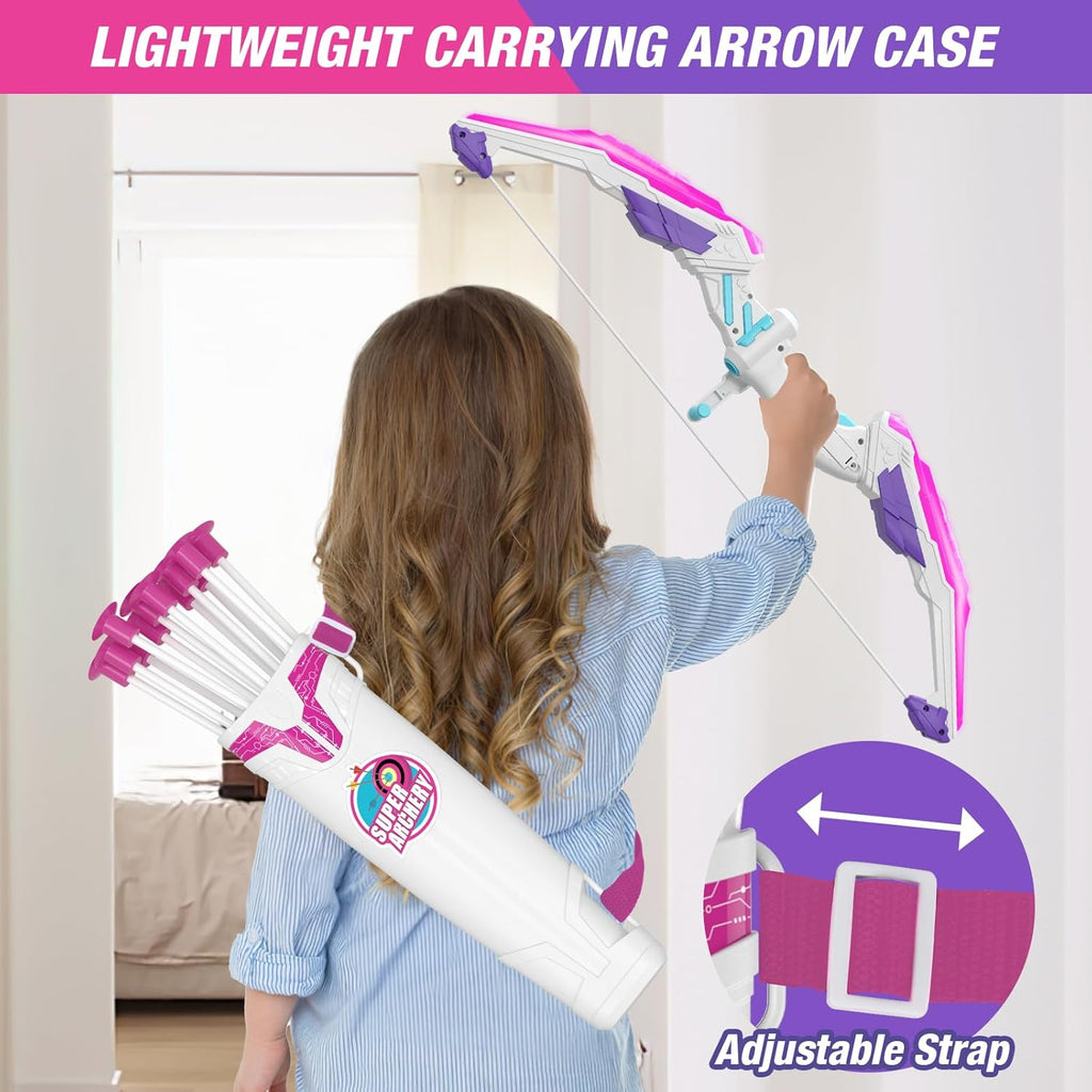 2 Pack Bow and Arrow for Kids, LED Light Up Girls Archery Set | with 24 Suction Cup Arrows, 2 Hanging Targets, 6