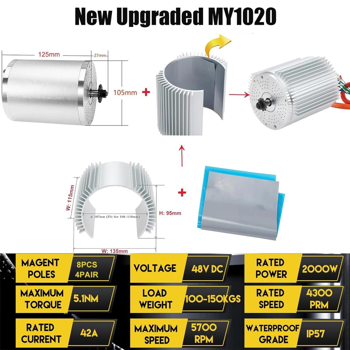 Kunray Electric DC Motor 48V 2000W Max Speed 5700rpm