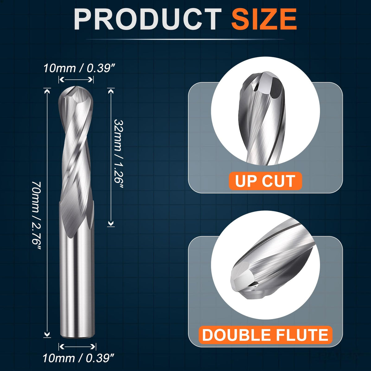 Workkyma Ball Nose Carbide End Mill 10mm Shank 10mmx32mm CDxCL 2 Flute