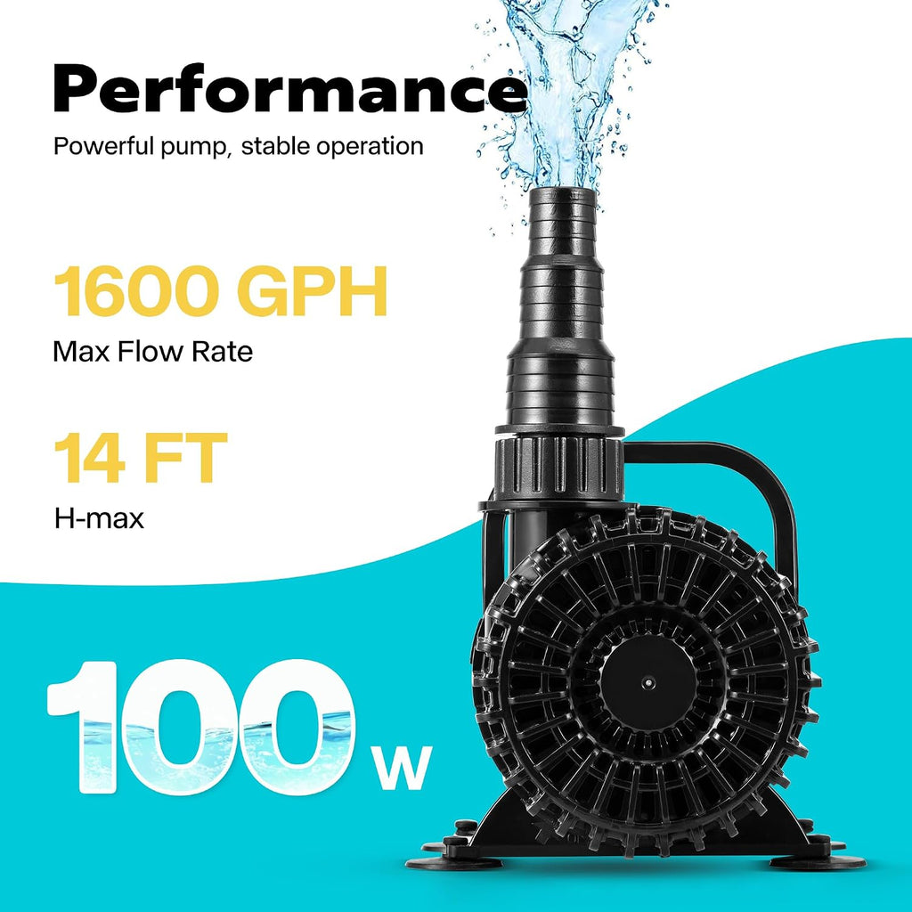 100W 1600GPH Submersible Pond Pump with Barrier Bag for Koi Pond