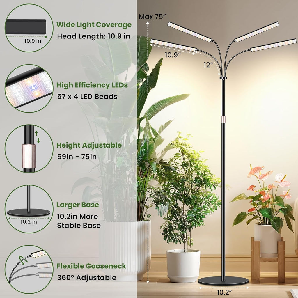 Grow Lights for Indoor Plants, 75" Tall Full Spectrum Plant Grow Light | 228 LEDs Full Spectrum Grow Light with