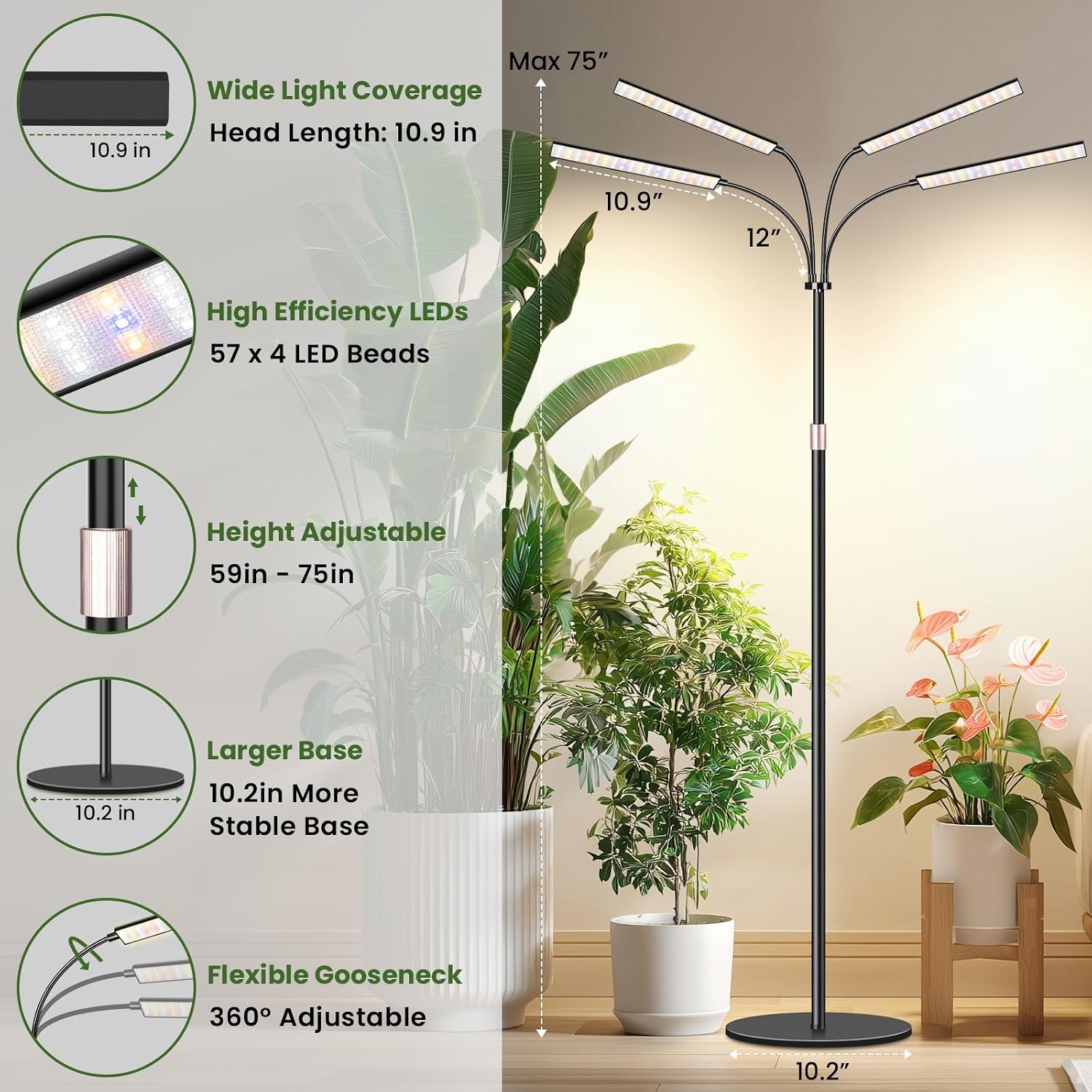 Grow Lights for Indoor Plants, 75" Tall Full Spectrum Plant Grow Light | 228 LEDs Full Spectrum Grow Light with