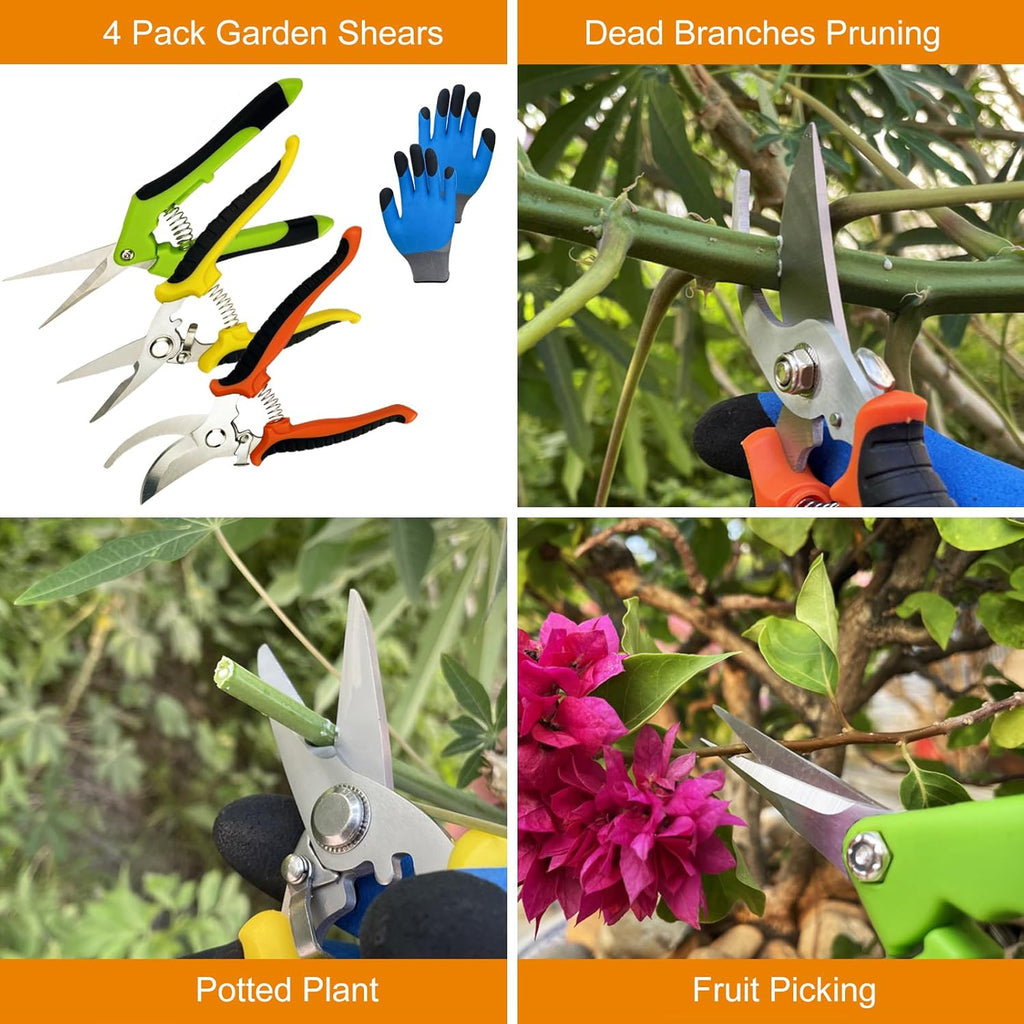 Pruning Shears, 4 Pack Garden Shears with Gardening gloves, Clippers Handheld, Stainless Steel Garden Snips, Lengnoyp
