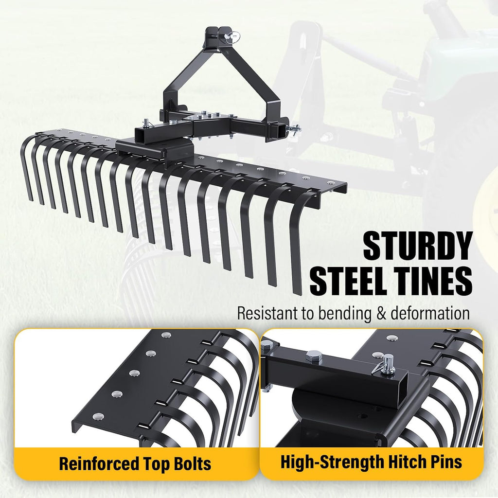 50In Landscape Rake Compatible with Category-0 Cat0 Tractor 3 Point & 5-Position Angle Adjustment for Garden, Farm