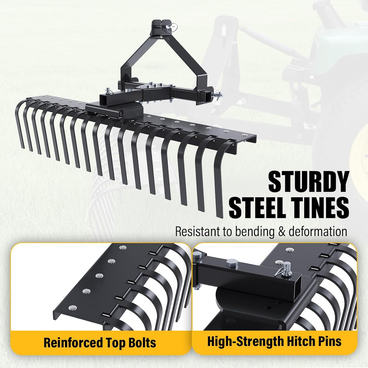 50In Landscape Rake Compatible with Category-0 Cat0 Tractor 3 Point & 5-Position Angle Adjustment for Garden, Farm
