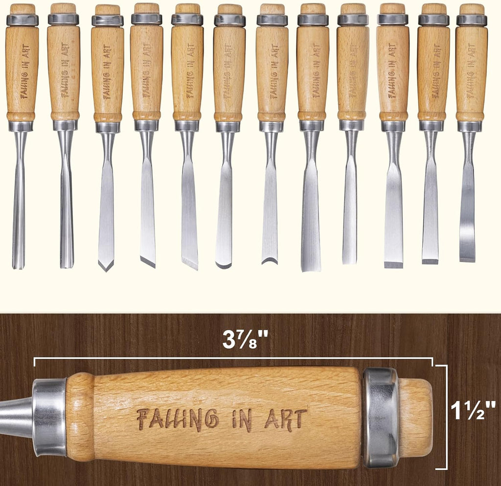 12Pcs Wooden Carving Chisel Set with a Leather Pouch | Woodworking Tools Set , Full Size Knife Gouge Kit for Carving