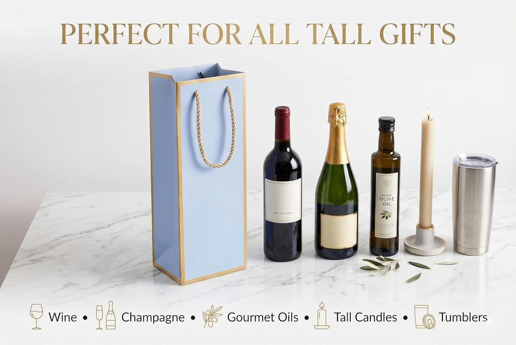 2 Pack Blue Wine Gift Bags, 14" Premium Paper Bottle Bags w/Handles