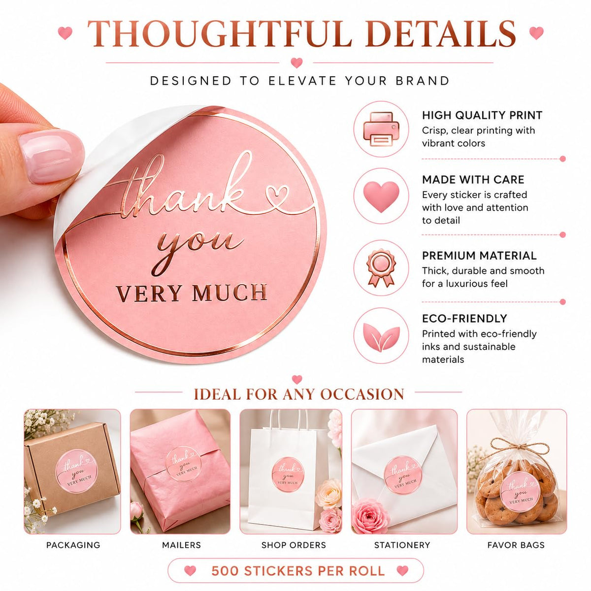Thank You Stickers, 500 Blush Pink Round, 1.5 Inch