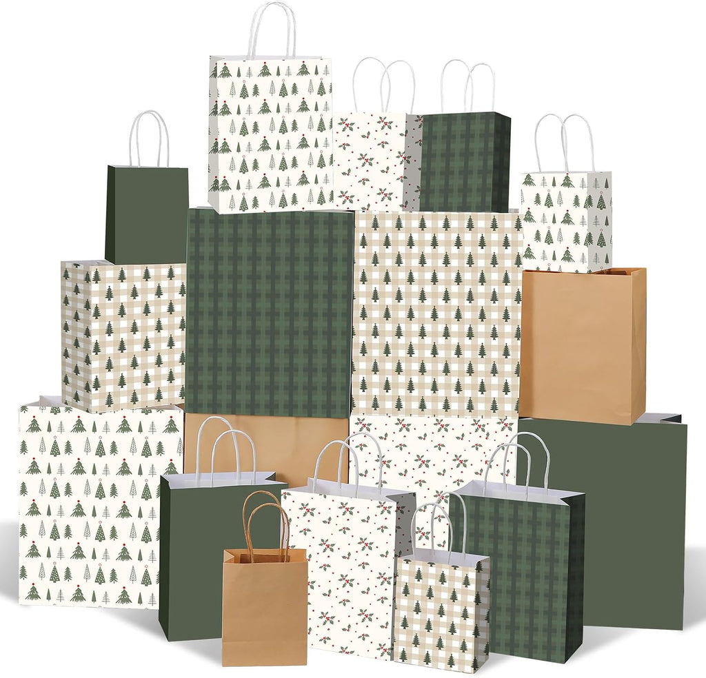 18 Pcs Green White Christmas Kraft Gift Bags, Neutral Aesthetic