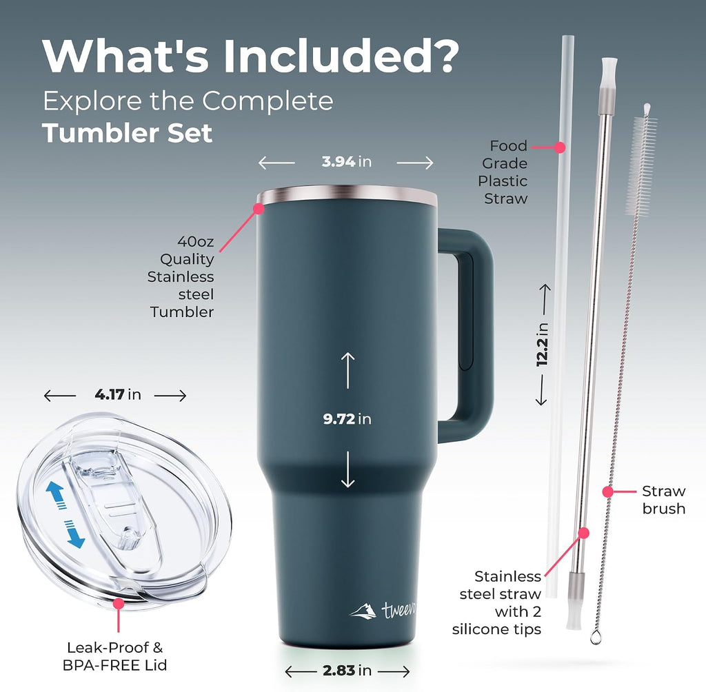 40 oz Tumbler With Handle and Straw Made of Stainless Steel - Double Wall Vacuum Insulated Tumbler With Lid - Sweat