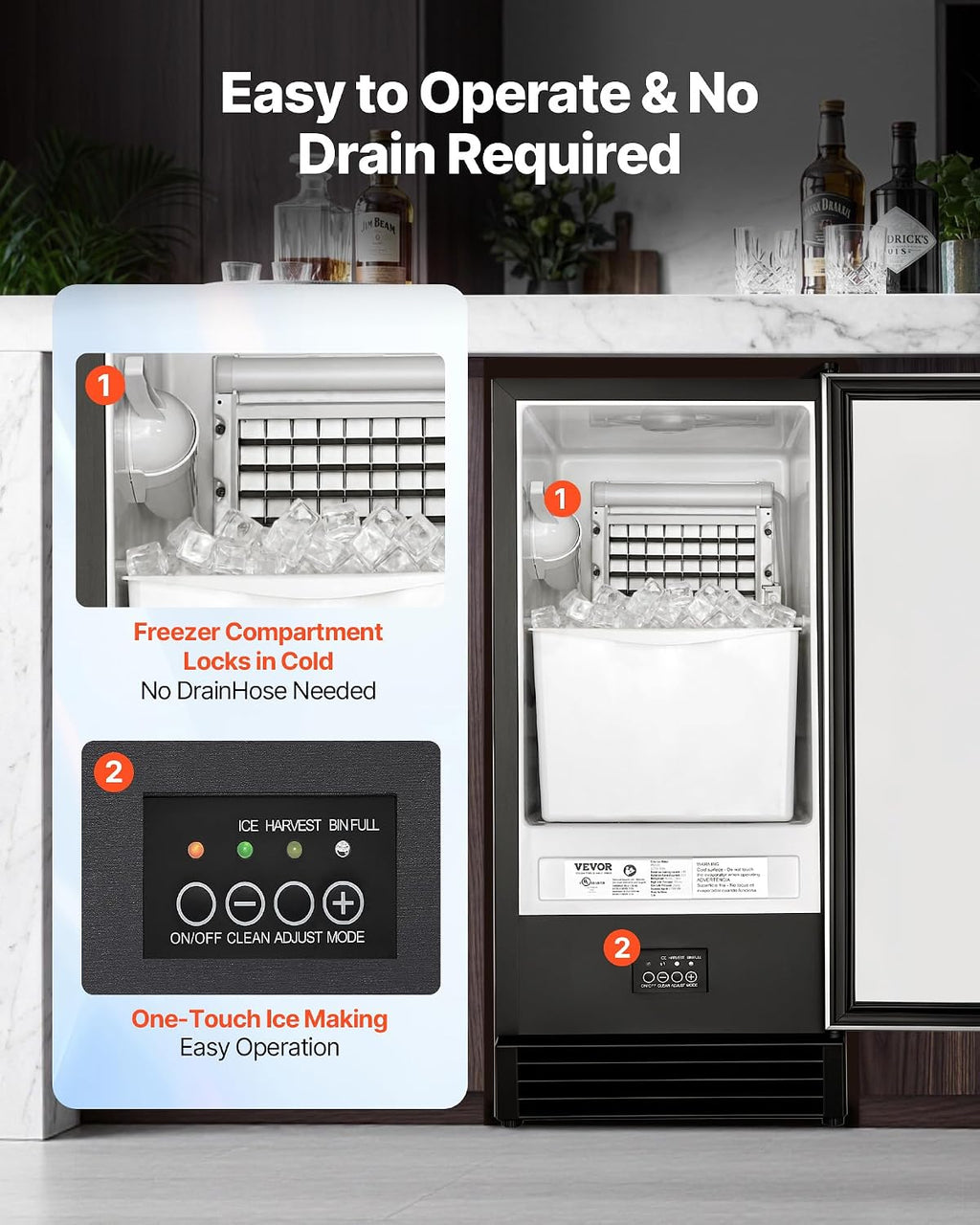 Undercounter Built-in Ice Maker, 50 Lbs/Day Under Counter Ice Maker Machine with Drain Pump, Reversible Door