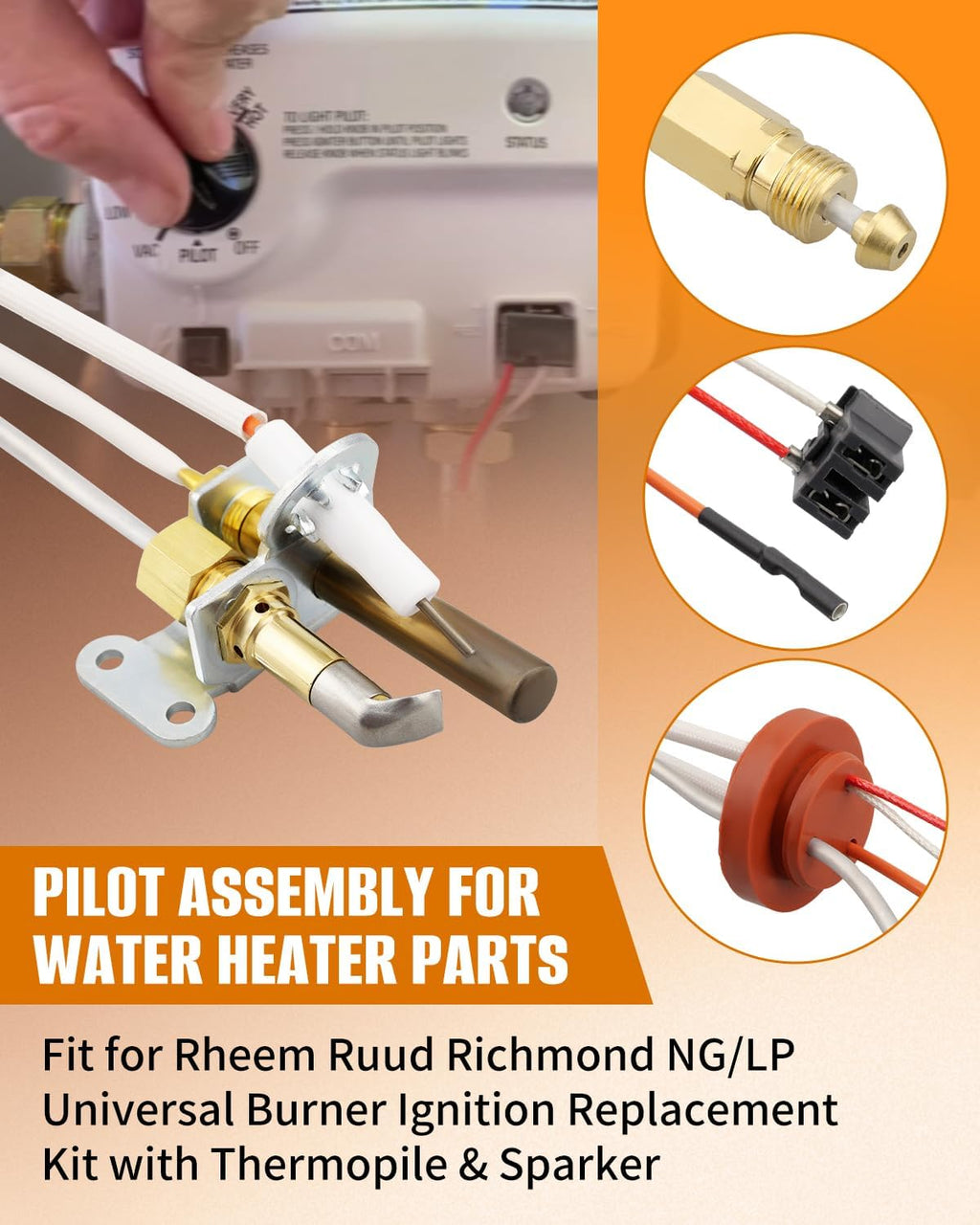 Water Heater Pilot Assembly Fit for Rheem Ruud Richmond SP20754 SP21058 SP21059 SP20800,NG/LP Universal Burner Ignition Replacement Kit with Thermopile and Sparker