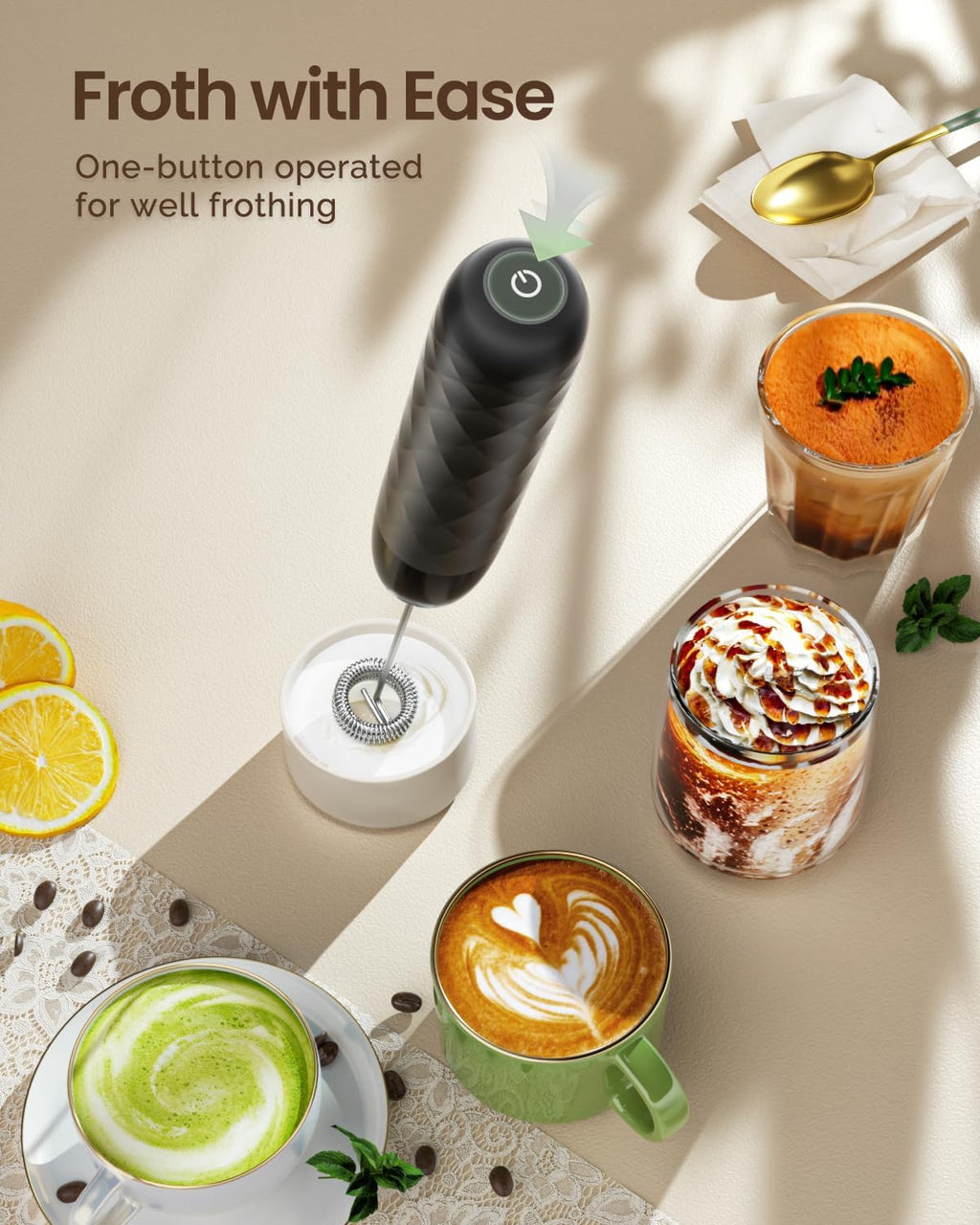 Rechargeable Milk Frother, LunaFro Mini with Detachable Wand | 8000RPM Turbo Motor, 1200mAh lithium battery, Compact
