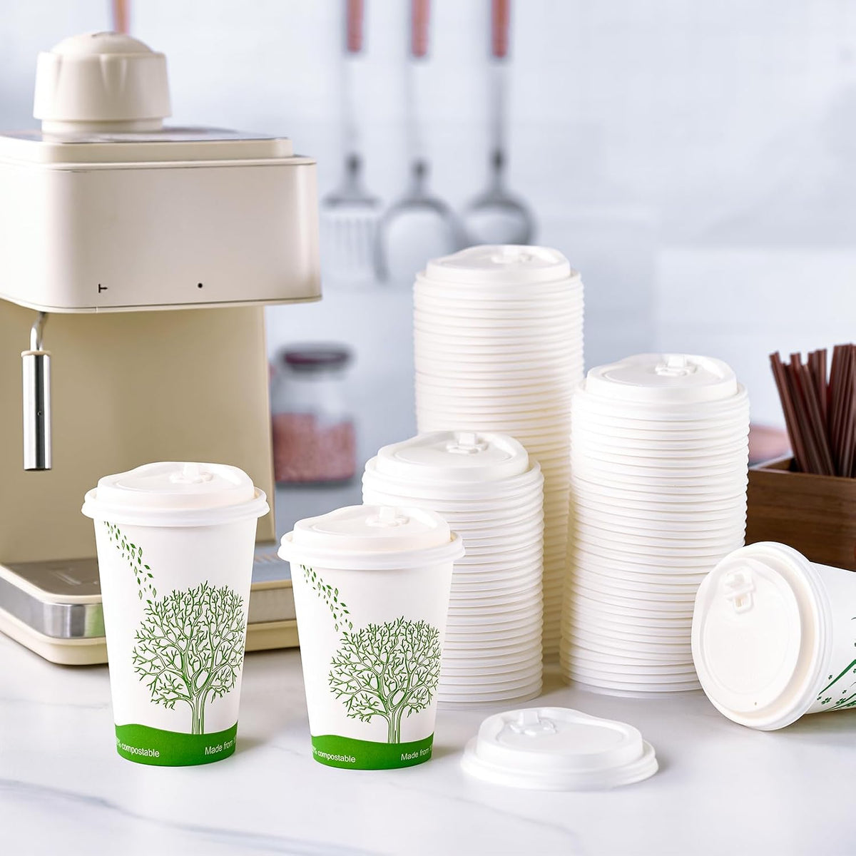 Compostable Coffee Cup Lids 200 Count, 3.54 inch CPLA Cup Lid