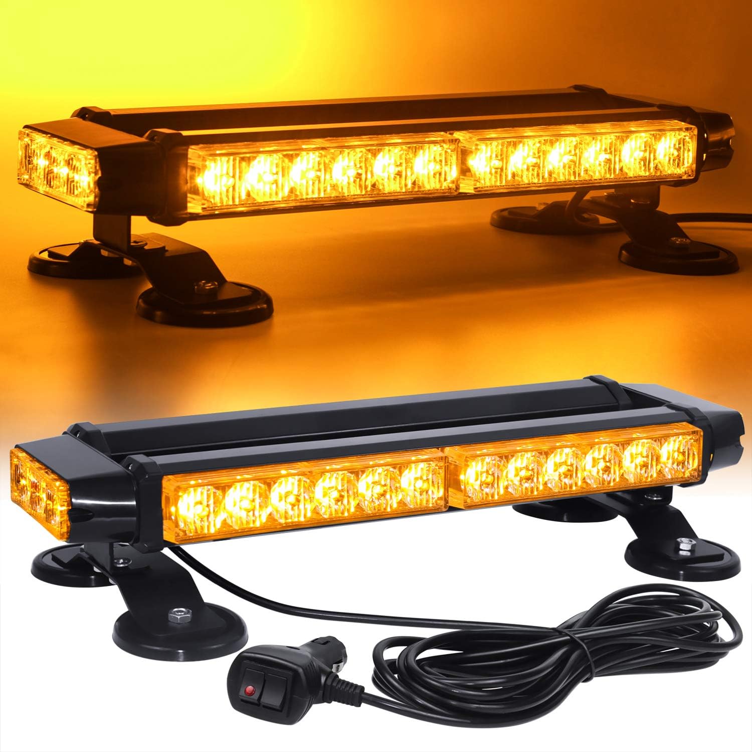 LED Strobe Flashing Light Bar with Magnetic Base, Amber | Aluminum Double Side 30 LED Emergency Hazard Warning Beacon