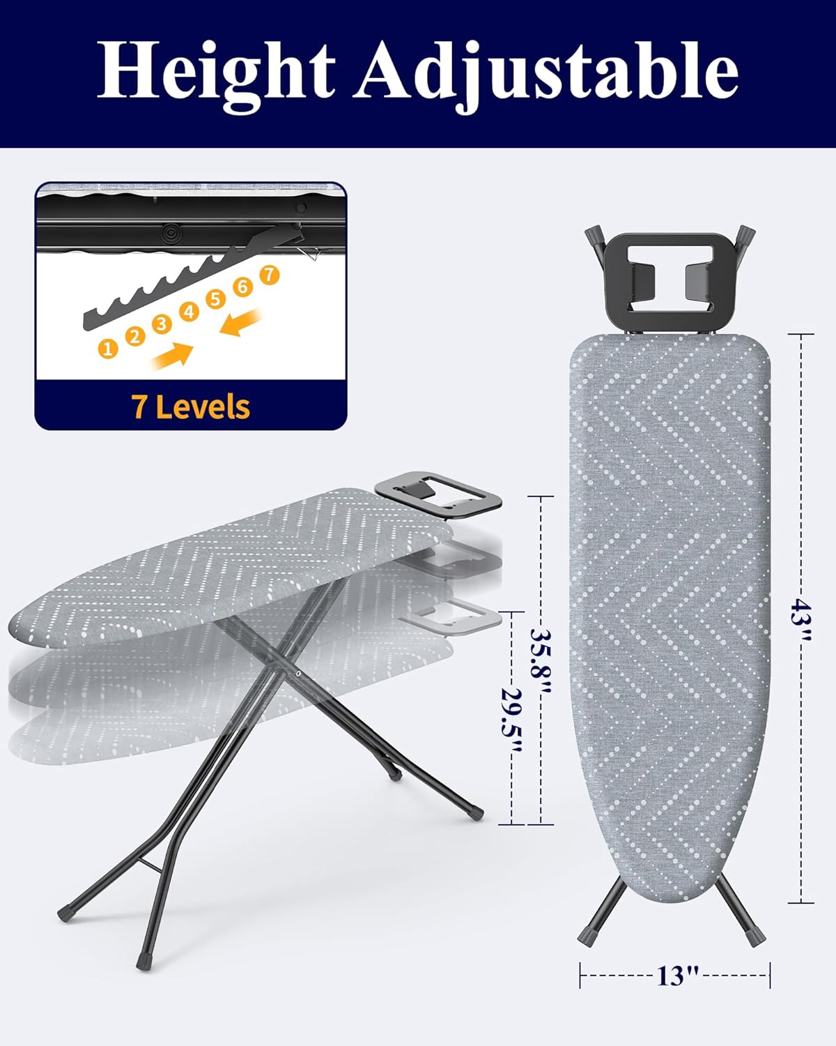 Folding Ironing Board - Height Adjustable Iron Board in Full Size, Wobble-Free & Heavy-Duty Ironing Board with Cover