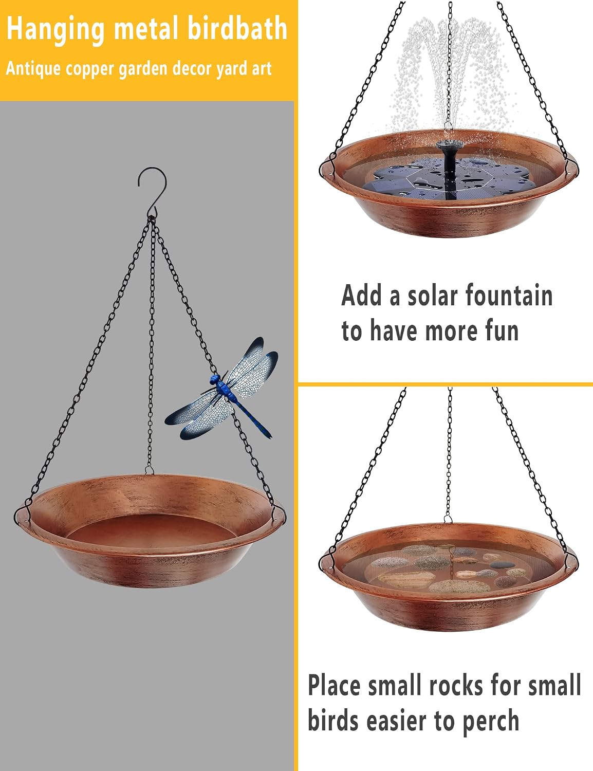 Hanging Bird Bath & Feeder, 11.5 Inch Antique Copper Metal Birdbath Bowl