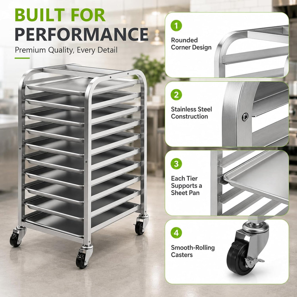 10-Tier Sheet Pan Rack with Wheels for Home Bakery Rolling Cart Fits 1/2 & 1/4 Sheet Pans, Commercial Grade Bread