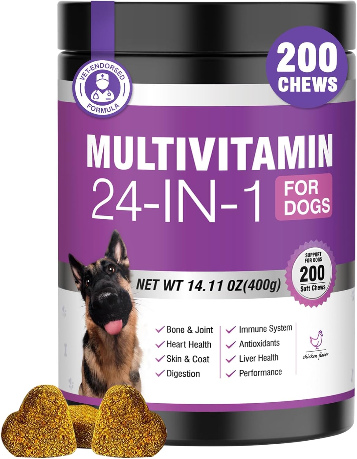 24-in-1 Dog Vitamins and Supplements 200 Ct Dogs Multivitamin Chewable Contain Chondroitin Probiotics Omega-3