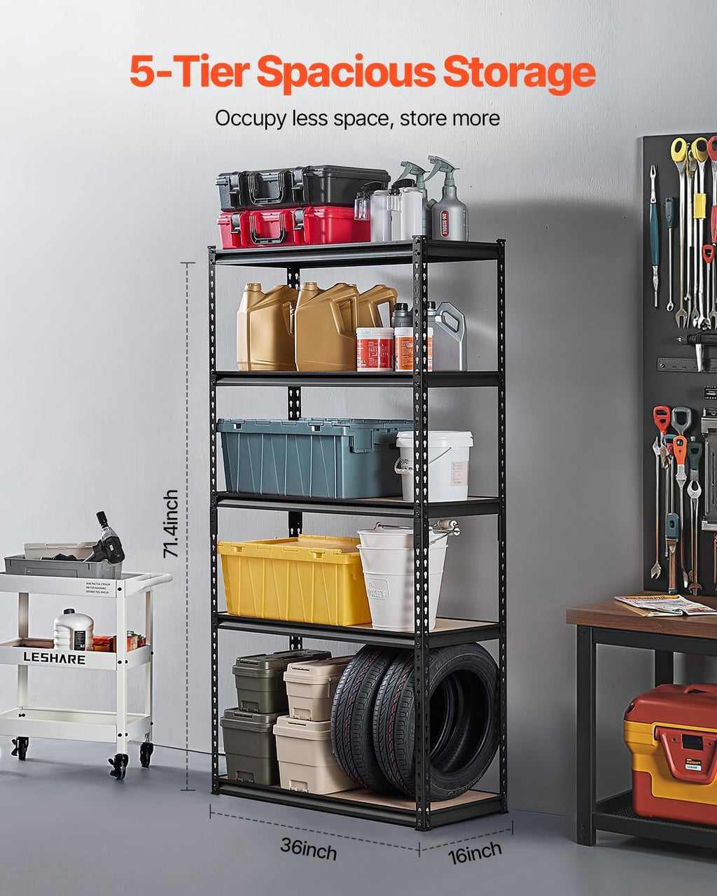 Storage Shelves, 2000 lbs, 5 Tier Garage Storage Shelving, 16" D x 36" W x 71.4" H Adjustable Metal Shelves for