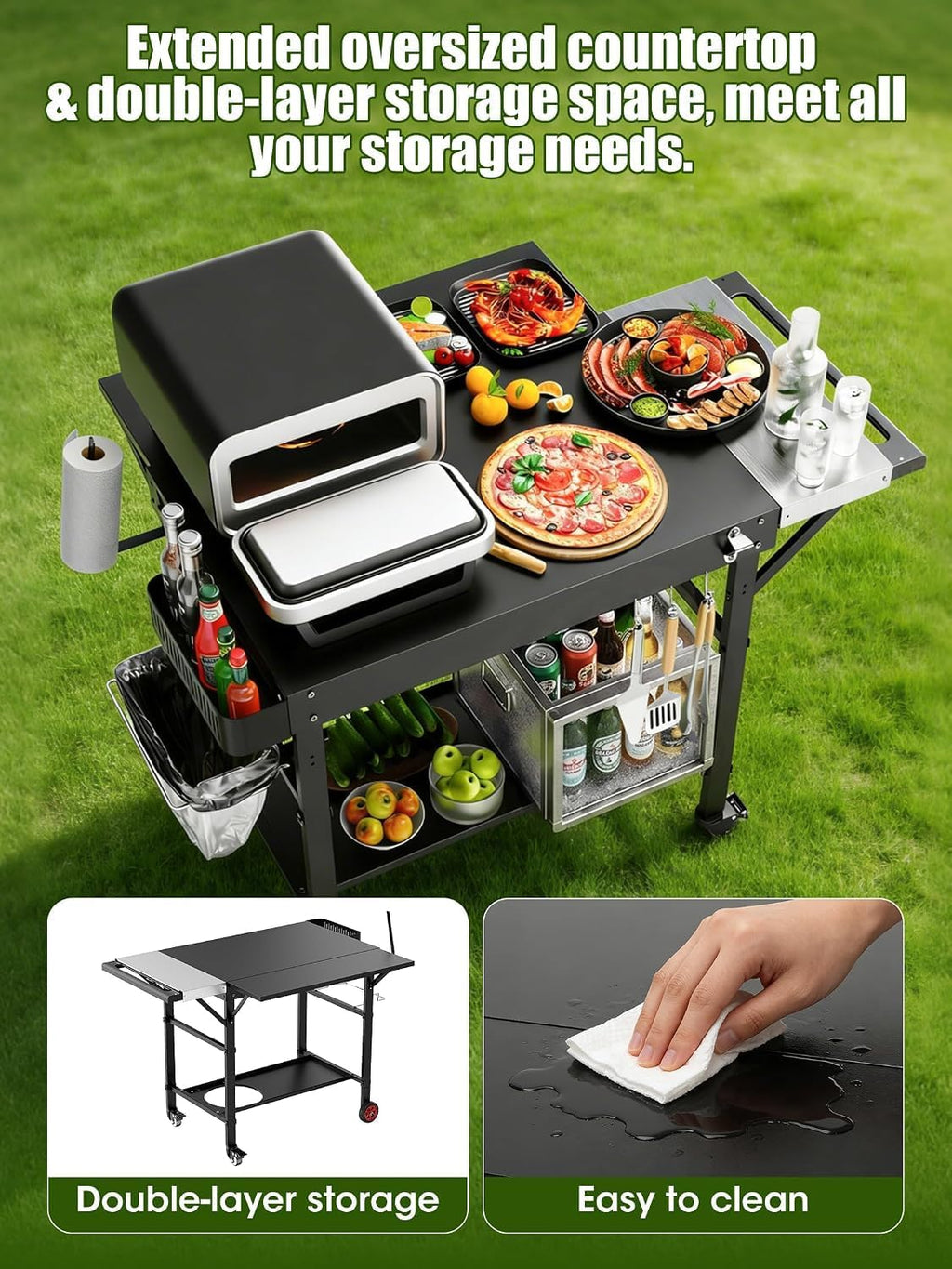 Outdoor Grill Table/Cart and Grill Cover for Pizza Oven Table, Large Space with Wheels Pizza Oven Stand& Heavy Duty