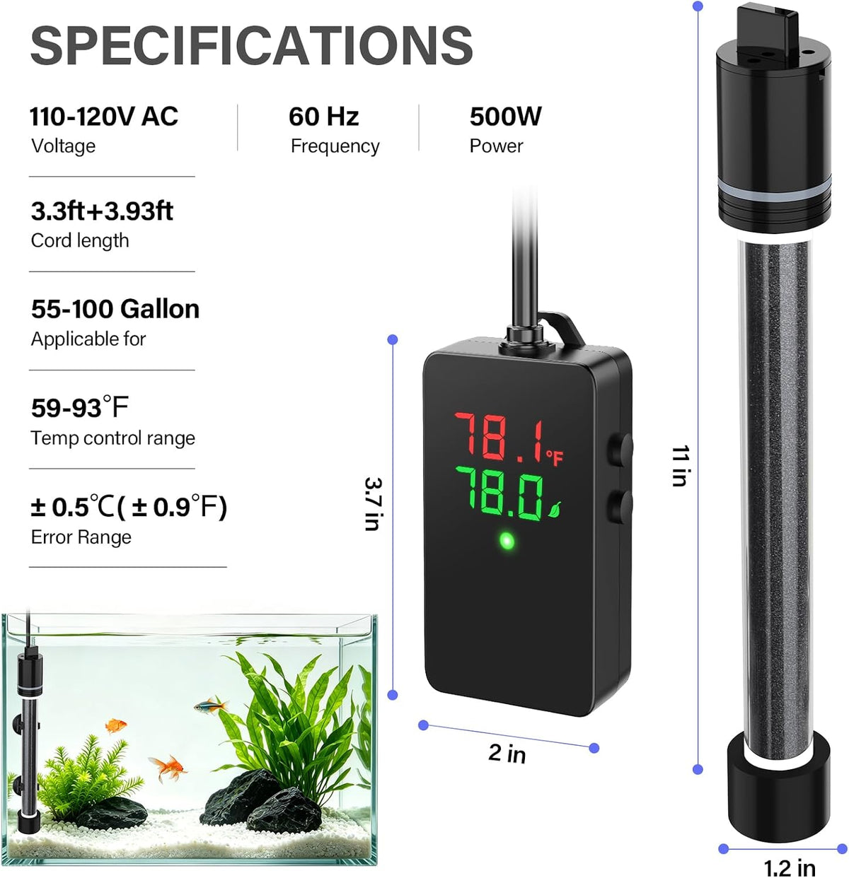 ECO Precise 500W Aquarium Heater Submersible, for 55-100 Gallon Fish Tank, ±0.5℃ Dual Probe Controller, Overheat &