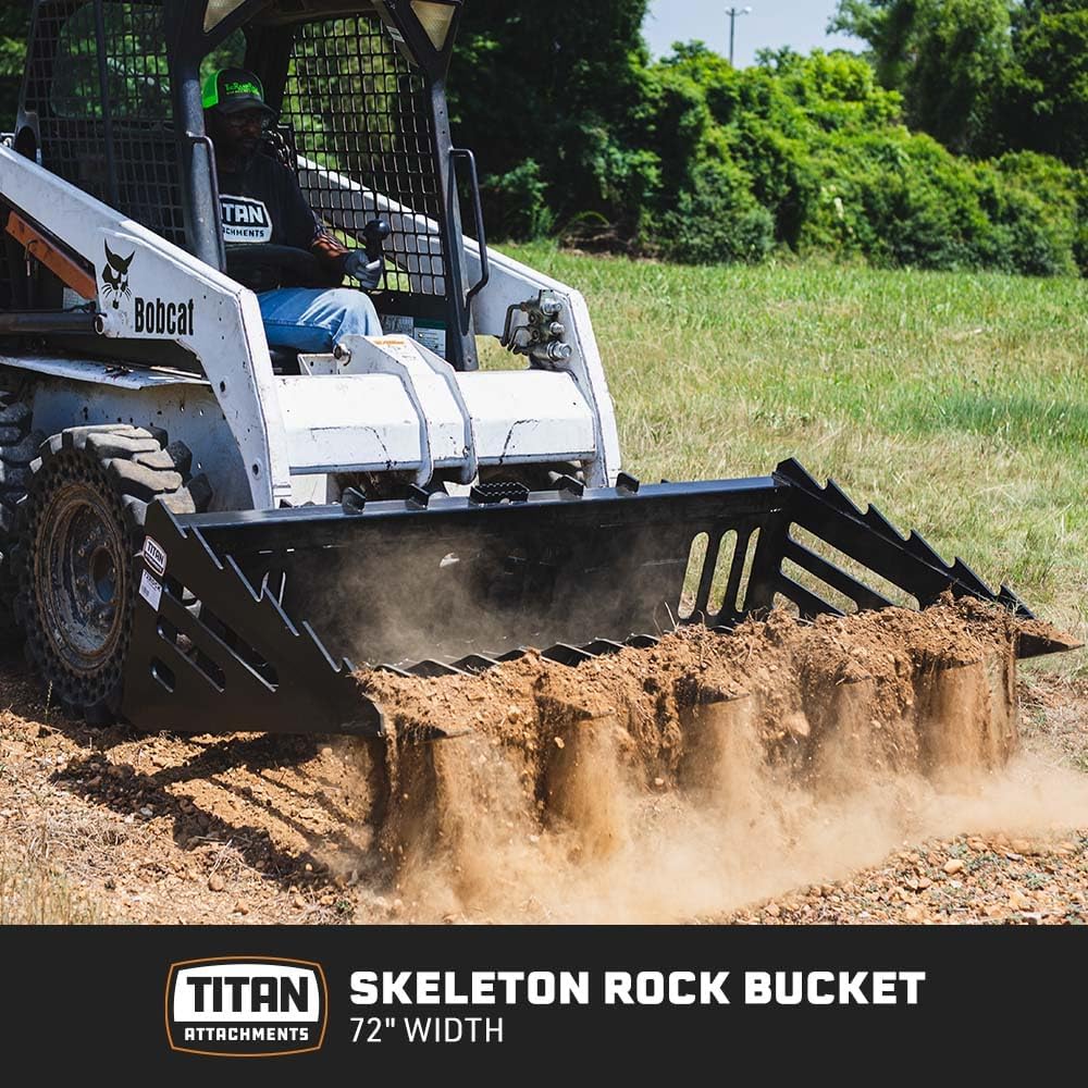 72" Skeleton Rock Bucket with Bolt-On Teeth, Skid Steer Quick Tach Mounting System, 4" Spaced Tines, Reinforced Side