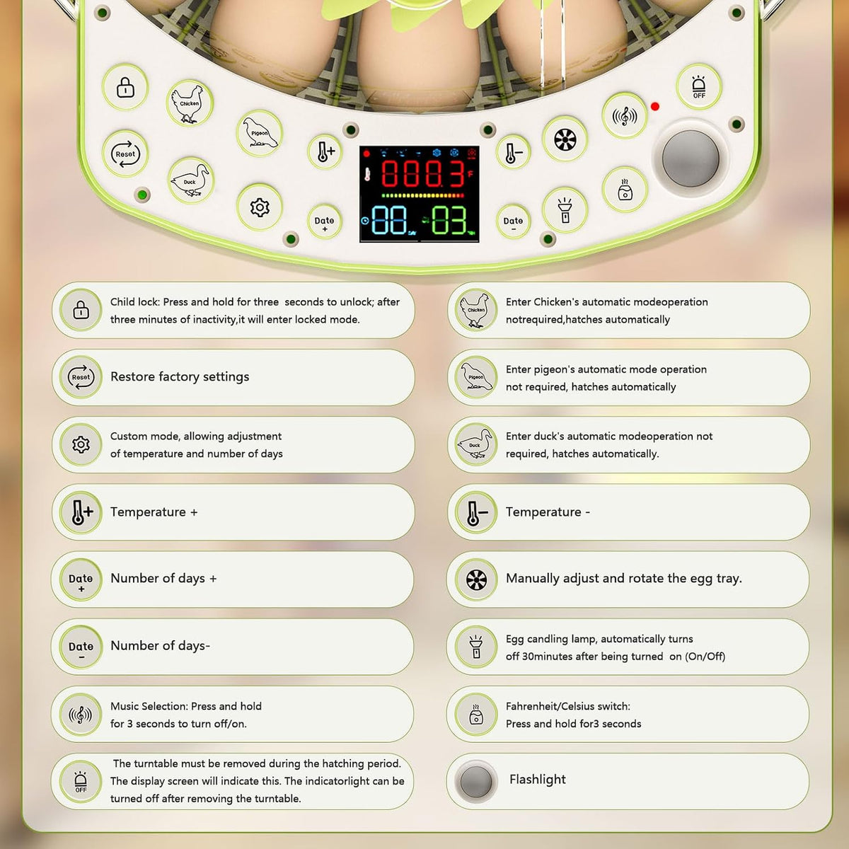 22 Eggs Smart Incubator, One-Click Hatching, Automatic Temp Humidity Control, Auto Egg Turner, Built-in Egg Candler