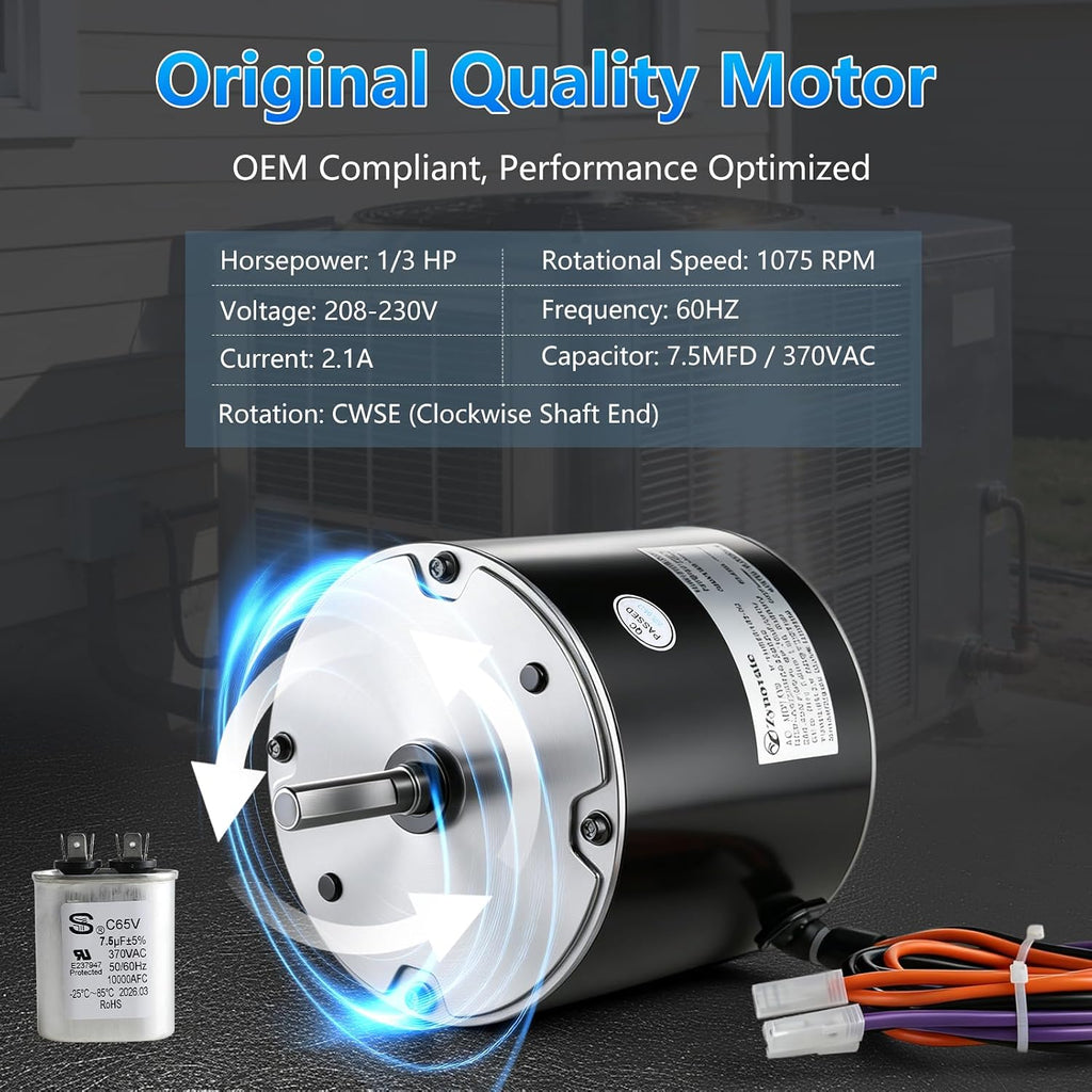 68J24 Condenser Fan Motor 1/3 HP 1075 RPM 208-230V 2.1A 60HZ AC Fan Motor