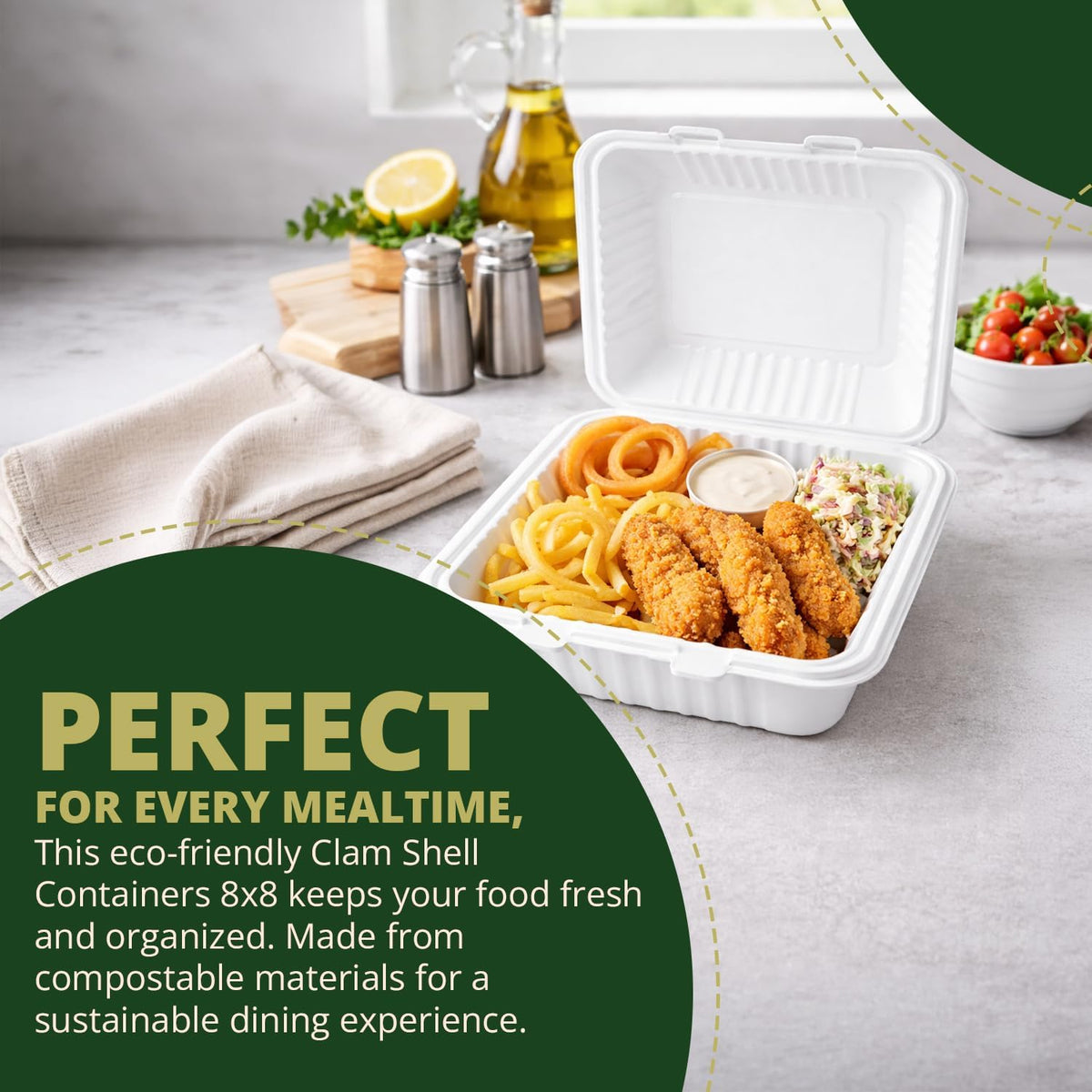 100% Compostable Clamshell Take Out Food Containers 8X8" 50-Pack Heavy-Duty Quality to go Containers, Natural