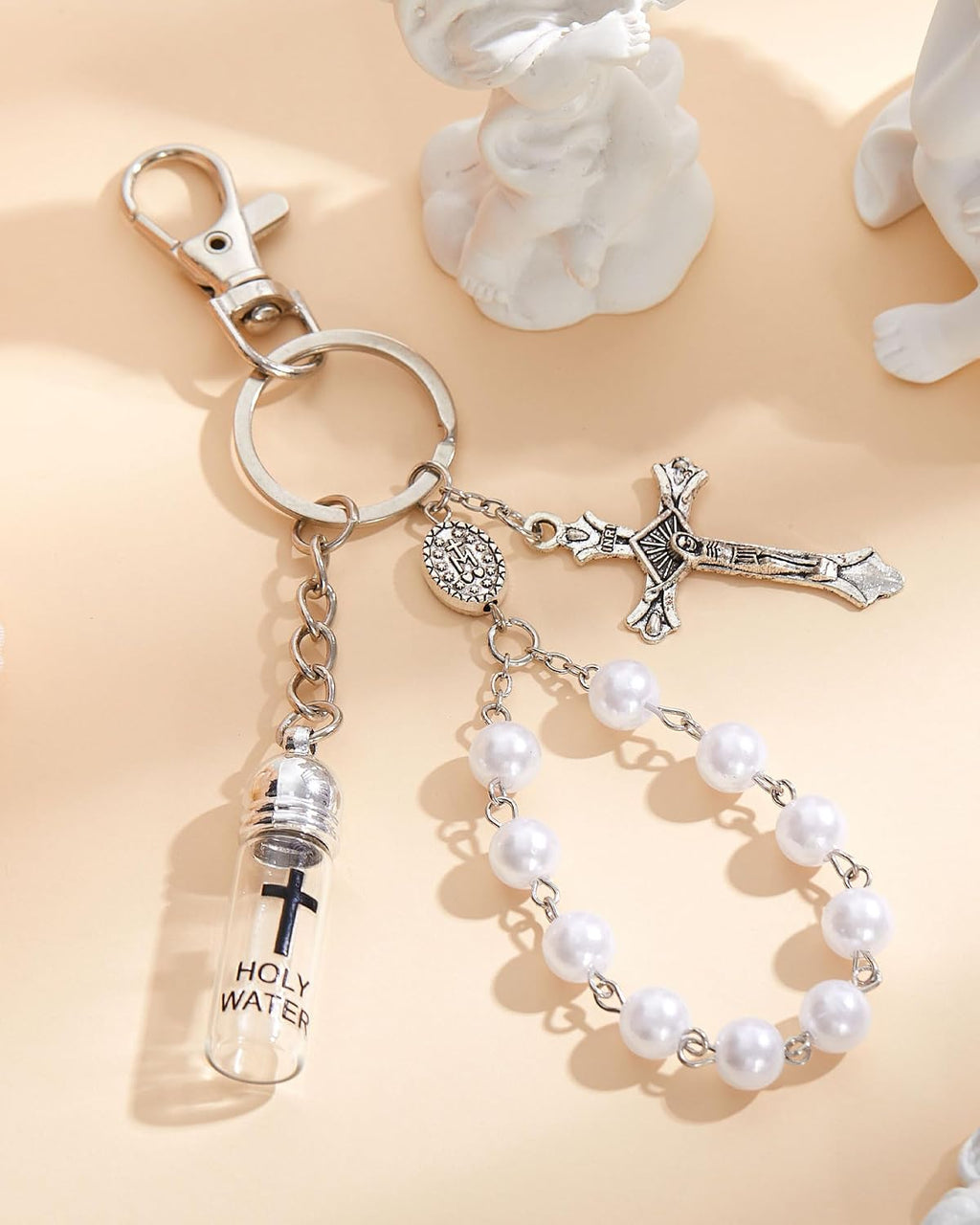 10 Set Holy Water Bottle Keychain with Rosary Bead Crucifix Organza Bags Catholic Gifts for Baptism Favors First