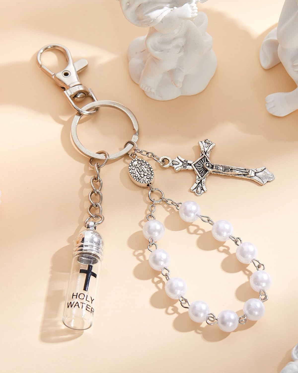 10 Set Holy Water Bottle Keychain with Rosary Bead Crucifix Organza Bags Catholic Gifts for Baptism Favors First
