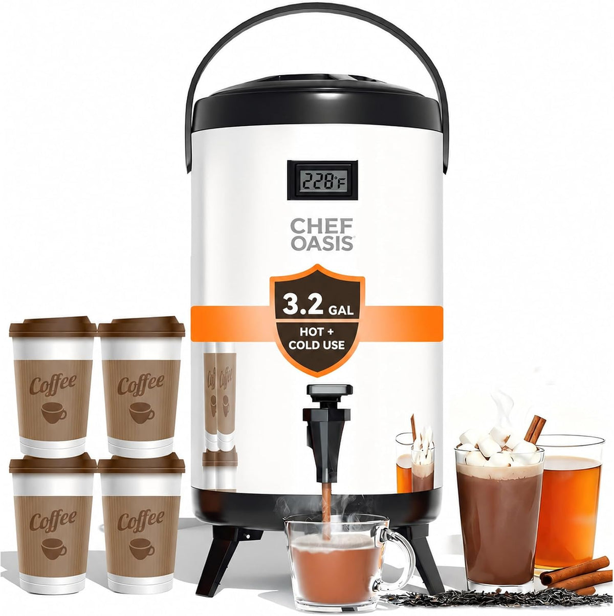Insulated Beverage Dispenser 3 Gallon,Hot&Cold Drink Dispenser with Spigot,LCD Thermometer,Stainless Steel