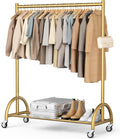 Heavy Duty Clothing Rack with Wheels Rolling Clothes Racks for Hanging Clothes, Coats, Garment, Dress, Gold