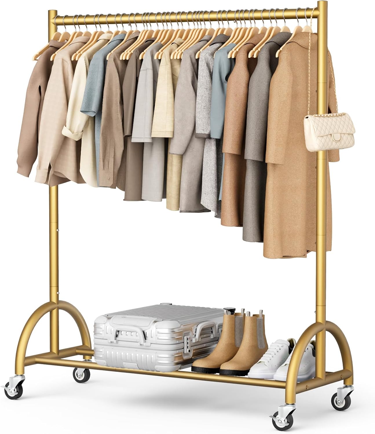 Heavy Duty Clothing Rack with Wheels Rolling Clothes Racks for Hanging Clothes, Coats, Garment, Dress, Gold
