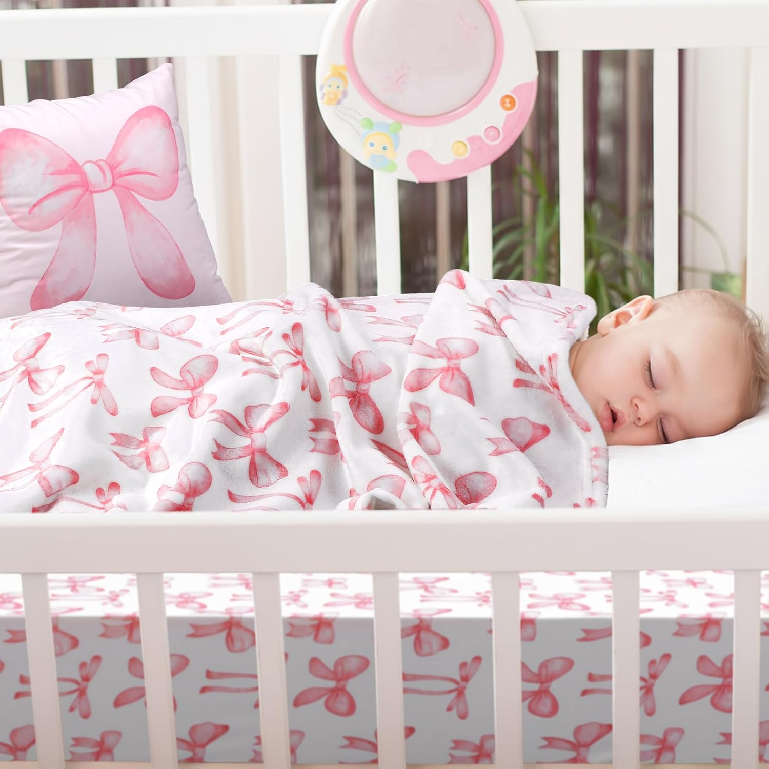 Baby Pink Bow Crib Bedding Set 3 Pcs Crib Set Baby Blanket, Fitted Sheet, Pillowcase Soft Flannel Nursery Bedding for