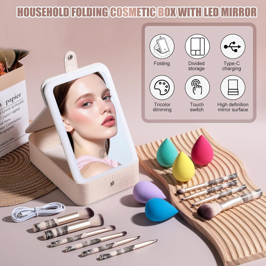 large Led Makeup Mirror Case Travel Makeup Brushes Set 15 Pcs – LED Light Mirror with Makeup Sponge for Enhanced