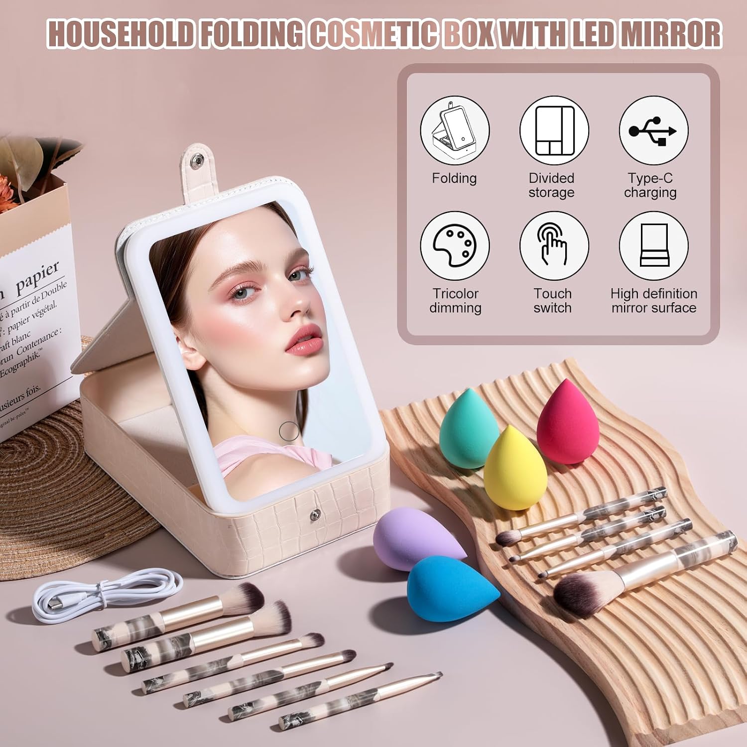 large Led Makeup Mirror Case Travel Makeup Brushes Set 15 Pcs – LED Light Mirror with Makeup Sponge for Enhanced