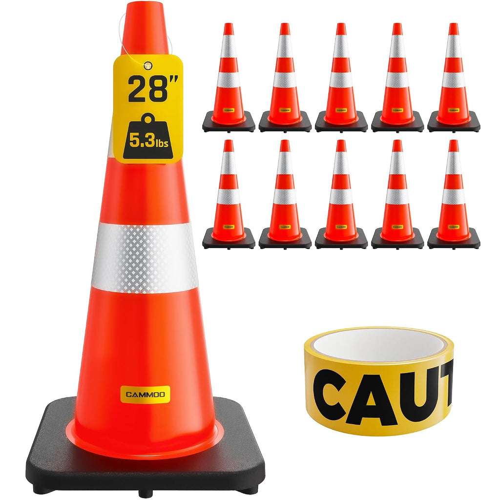 10 Pack 28 Inch Traffic Cones with Black Base | From -22℉ to 131℉, MUTCD-Compliant Orange Safety Cone, Reflective
