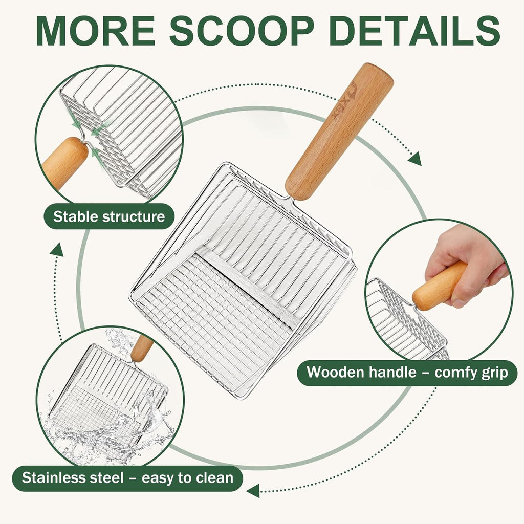 Cat Litter Scoop with Holder, Heavy Duty Litter Sifter, Stainless Steel Litter Shovel, Litter Scooper with Beech Wood
